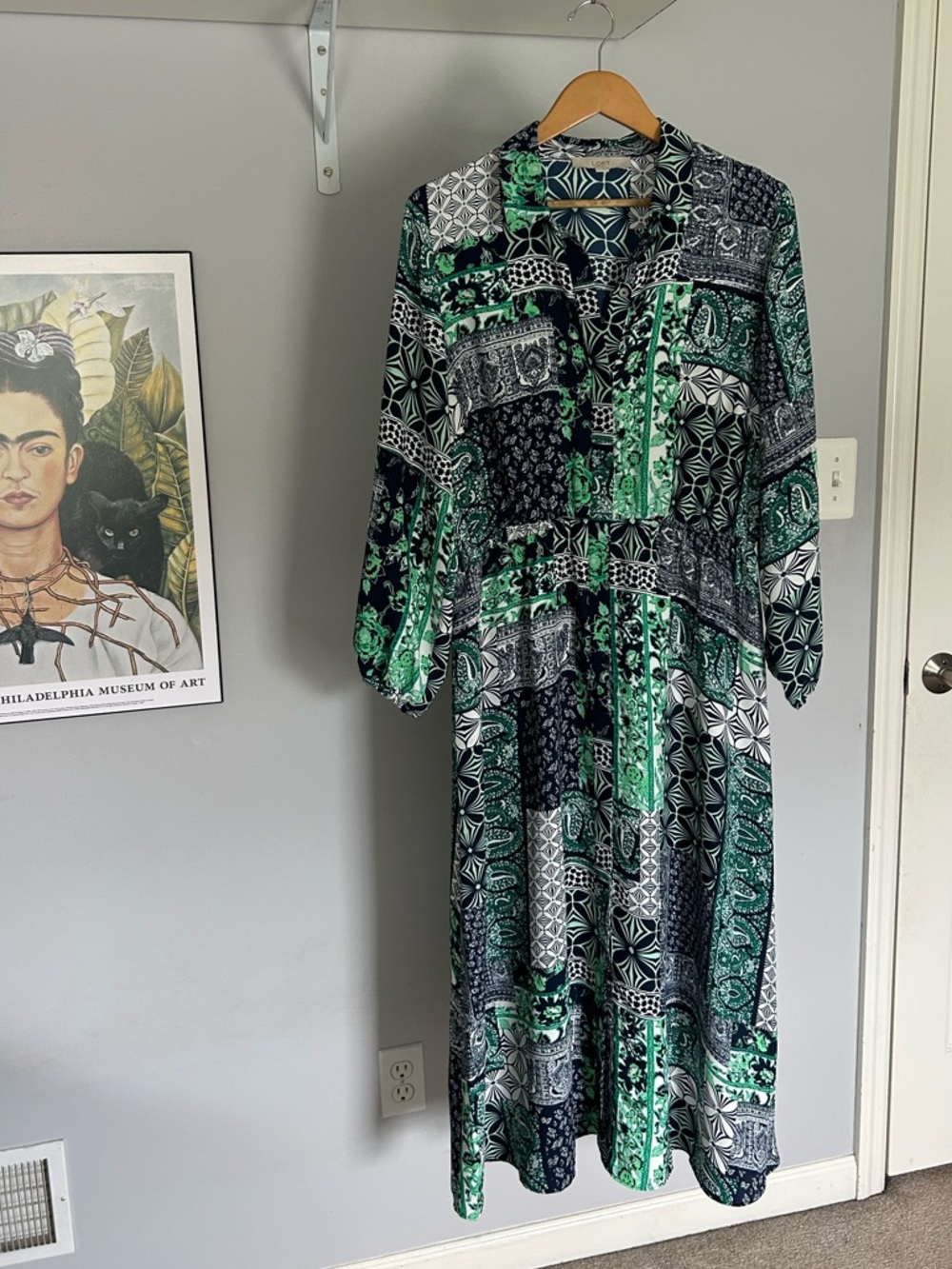 LOFT Women’s Flowy Long Sleeve Patchwork Print Midi Dress - Navy & Green